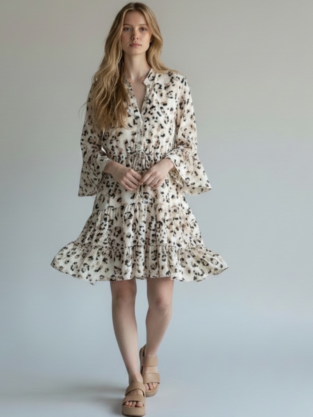 1173. Leopard print button front 3/4 sleeve tiered dress khaki